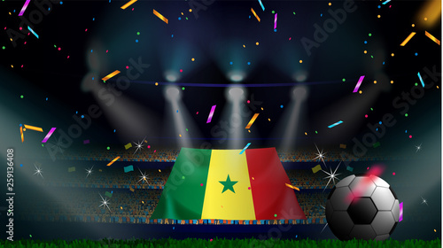 Fans hold the flag of Senegal among silhouette of crowd audience in soccer stadium with confetti to celebrate football game. Concept design for football result template