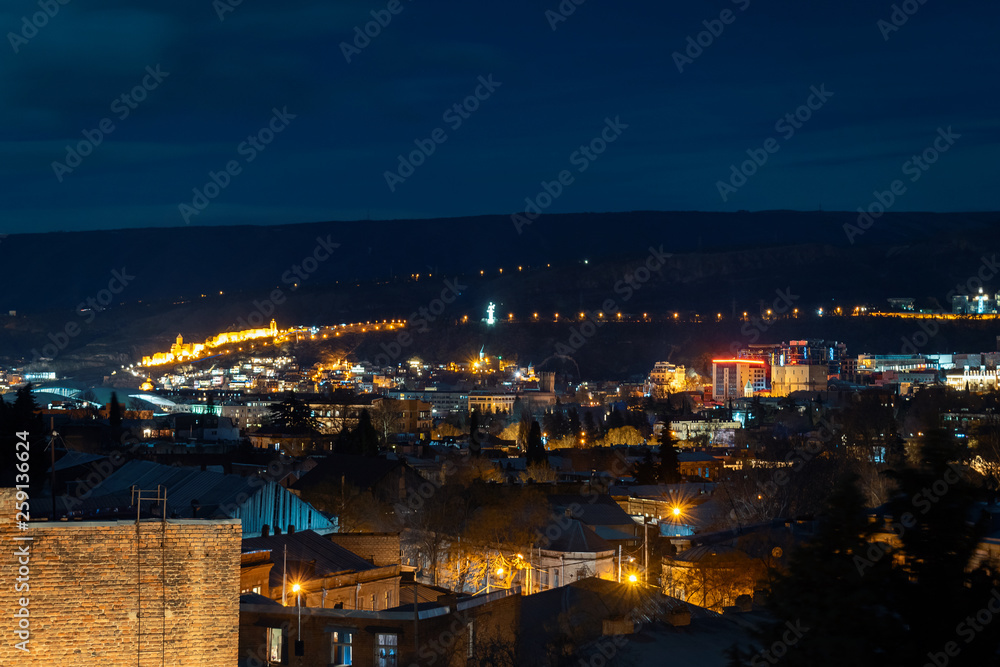 Georgia, Tbilisi - 05.02.2019. - Night cityscape view. Famous landmarks illuminated - Image