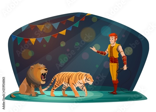 Big top circus arena, tiger and lion animals tamer