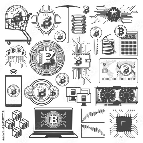 Bitcoin mining, cryptocurrency digital money icons