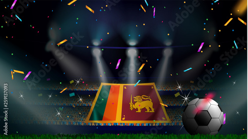 Fans hold the flag of Sri Lanka among silhouette of crowd audience in soccer stadium with confetti to celebrate football game. Concept design for football result template