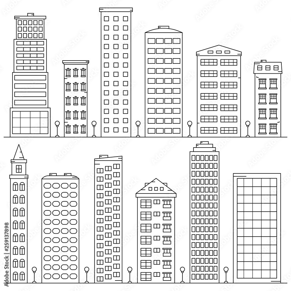 set of high-rise buildings in a linear style