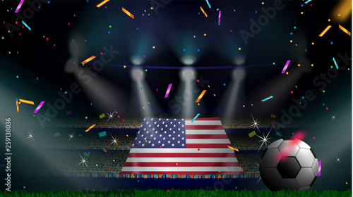 Fans hold the flag of USA among silhouette of crowd audience in soccer stadium with confetti to celebrate football game. Concept design for football result template photo