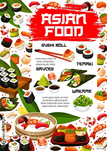 Asian sushi rolls, Japanese seafood cuisine menu