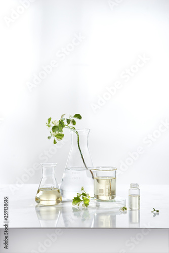 Fotografie natural cosmetic skincare serum packaging with leaf, home made oil and beauty vitamin ingredient
