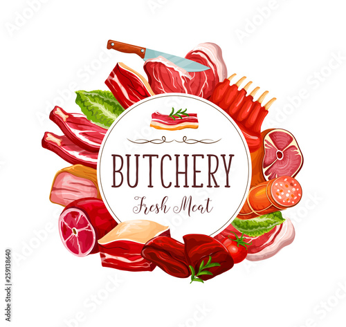 Butcher shop meat beef steakes and pork loins