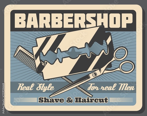 Barbershop salon, beard shaving razor and scissors