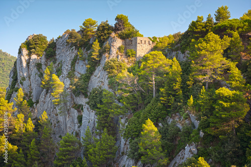 Parco Naturale Regionale di Porto Venere.  Beautiful aerial view of the rocks overgrown with trees. La Spezia, Italia.
