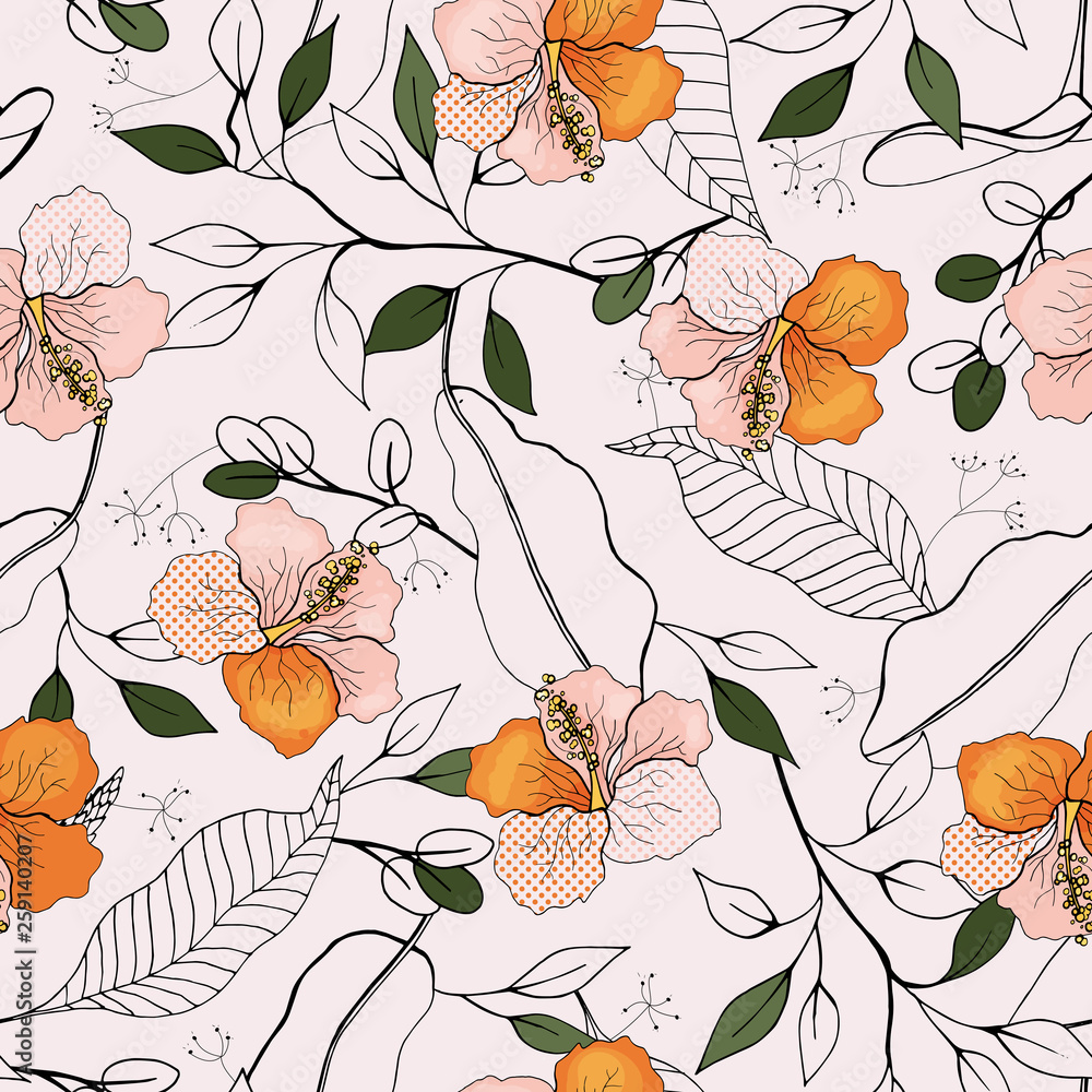 Set of seamless floral ornament in vector. Flower pattern hand drawn style