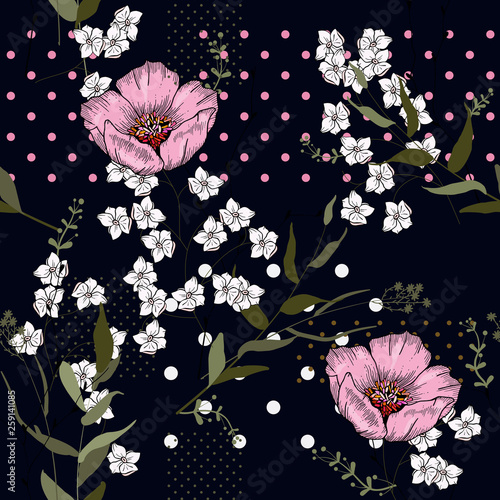 Geometric seamless print polka dots design vector illustration. Modern memphis pattern with hand drawn wild flowers.