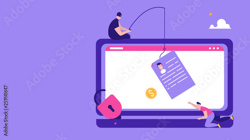 Concept of hacker attack, fraud investigation, internet phishing attack, evil win, personal privacy data, hacking and stealing email and money with tiny people. Vector illustration in flat design