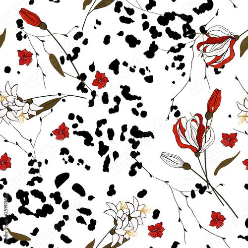 Safari Africa design of leopard. Vector. Modern animal skin prints and flower hand drawn seamless pattern.