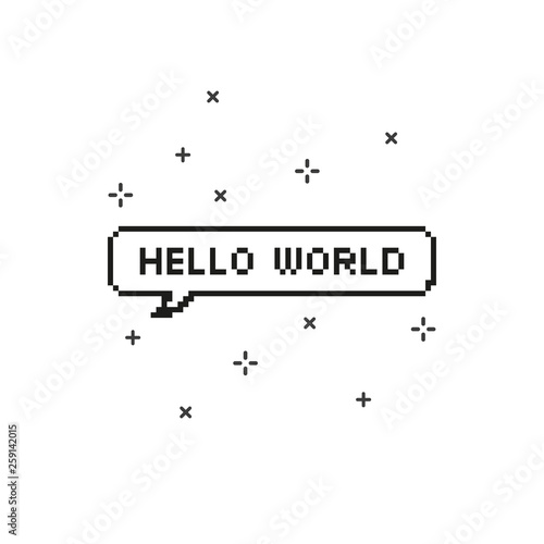 Hello world in speech bubble 8 bit pixel art.