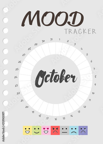 Mood diary for a month. mood tracker October calendar. keeping track of emotional state