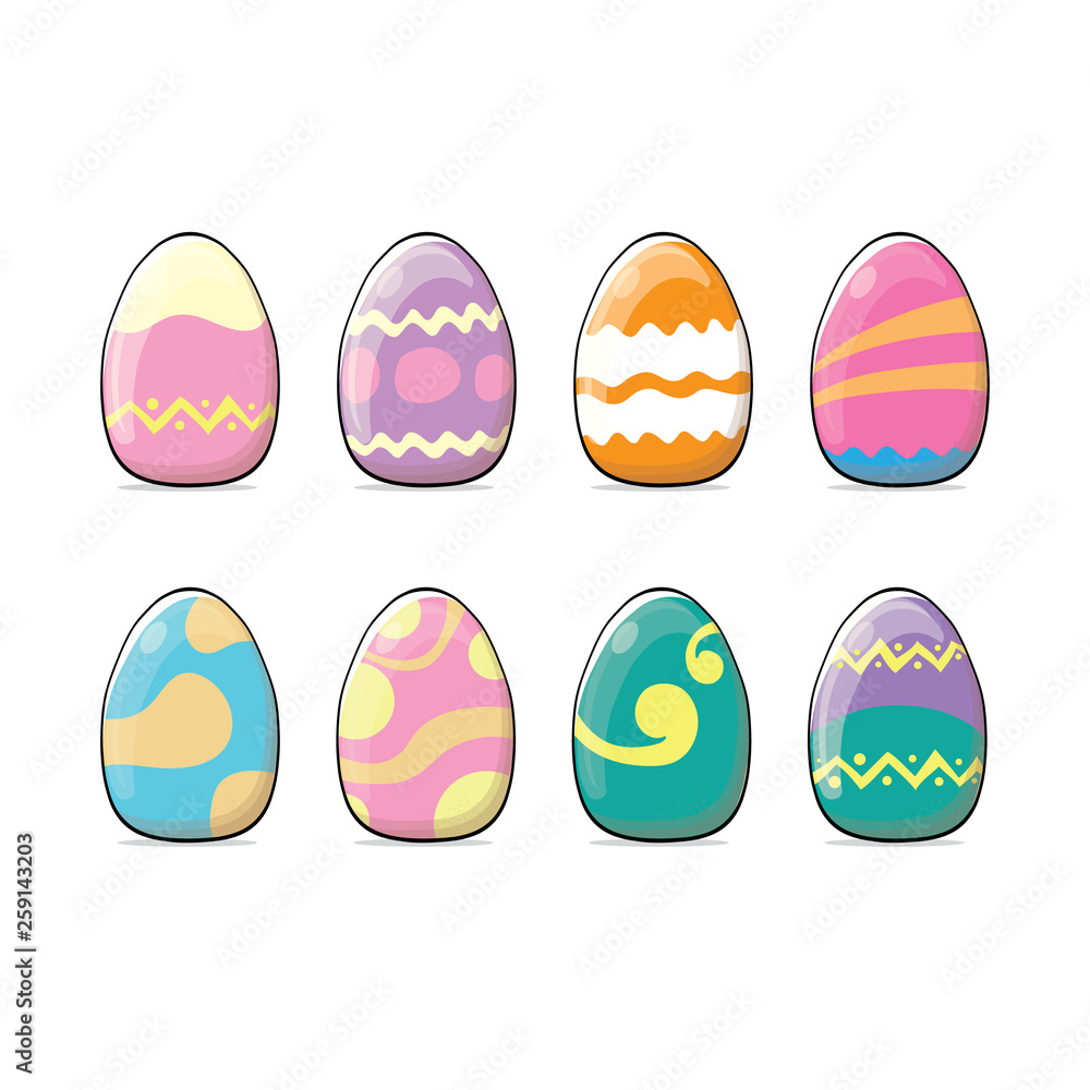 Set of color hand drawn Easter eggs with different texture isolated on a white background.Spring holiday. Vector Illustration.Happy easter eggs
