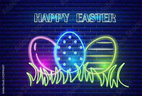Happy Easter neon eggs symbol Vector. Seasonal Holiday banner, poster, icon, ...