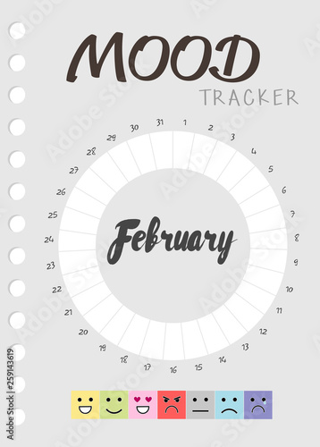 Mood diary for a month. mood tracker February calendar. keeping track of emotional state
