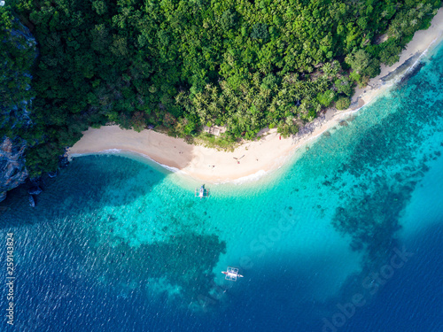 Aerial Drone Picture of the Limestone Island and White Sand Beach in El Nido, Palawan in the Philippines