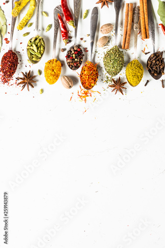 Fototapeta Naklejka Na Ścianę i Meble -  Set of indian spices in spoons on white