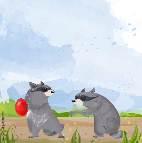 Two Raccoons Vector. Cute animals fighting for food cartoon illustrations