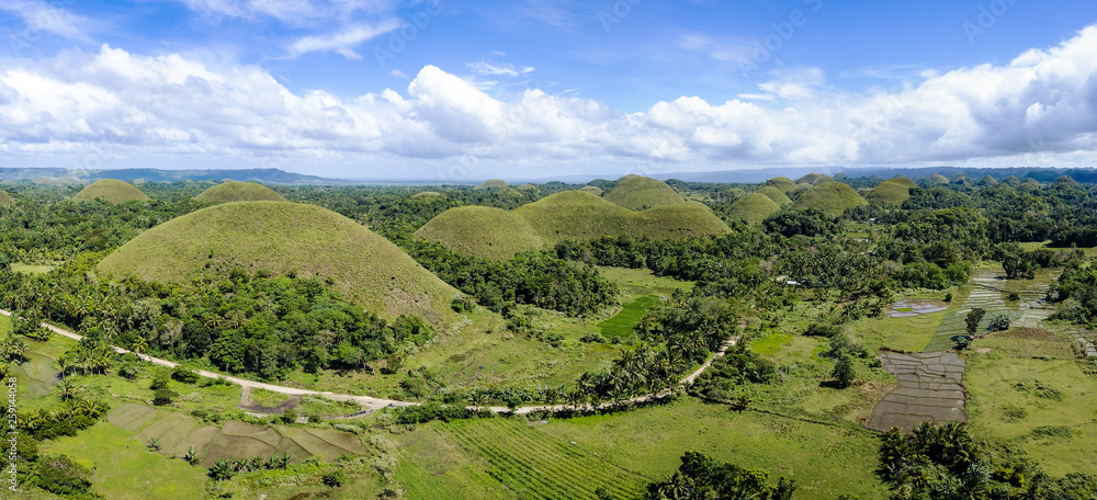 Panorama Drone Picture of the chocolate hills in Bohol, Philippines