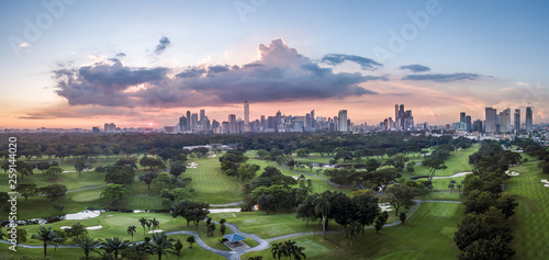 Panorama Aerial Drone Picture of the CBD Skyline of Manila, Philippines during Sunset