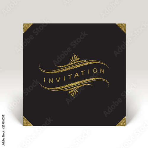 Template invitation with glitter gold flourishes elements. Vector template design.