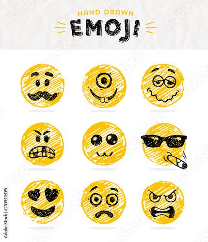 Vector illustration - Hand drawn set of Emoticons. Vector set of Emoji. Smile icons.
