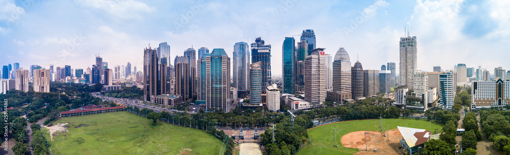 Panorama Drone Shot of the Sudirman Central Business District in Jakarta, Indonesia