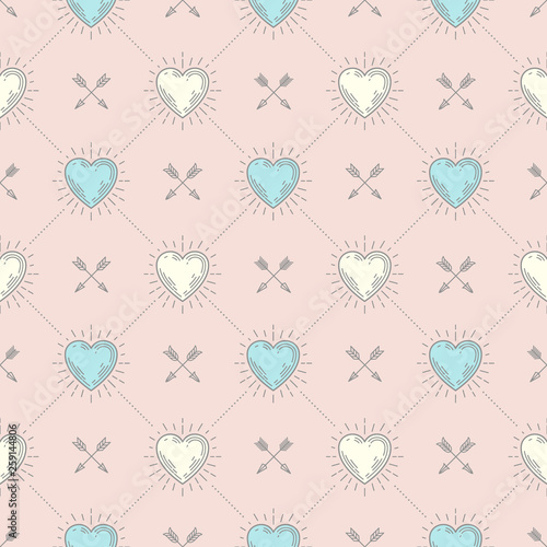 Seamless background with hearts and arrows - pattern for wallpaper, wrapping paper, book flyleaf, envelope inside, etc. Vector illustration.