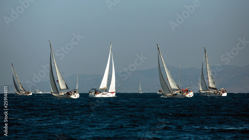 Sailing yacht boats regatta at the Aegean Sea near Greece coasts.