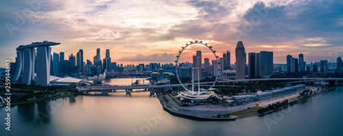 Panorama Drone Aerial Picture of Marina Bay in Singapore during Sunset © Roman