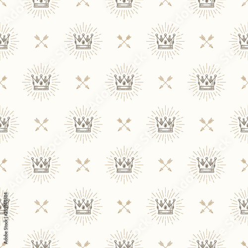 Seamless background with royal crown and crossed arrows - pattern for wallpaper, wrapping paper, book flyleaf, envelope inside, etc. Vector illustration.