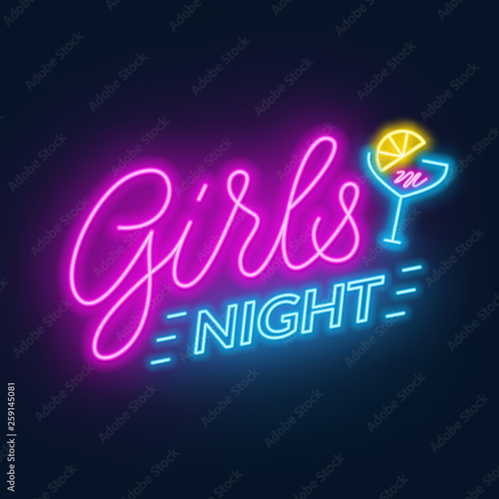 Girls Night out neon lettering on dark background..
