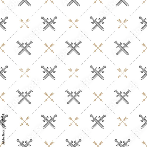 Seamless background with crossed swords and arrows - pattern for wallpaper, wrapping paper, book flyleaf, envelope inside, etc. Vector illustration.
