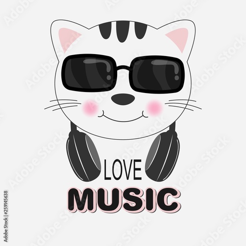 Beautiful cat in sunglasses love music. Greeting card.