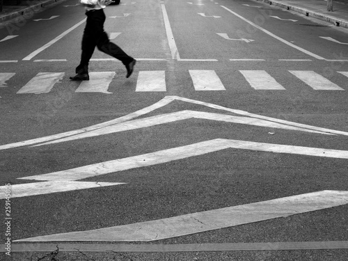 black and white running across the crosswalk in city