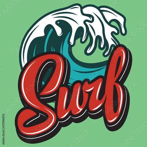 Vector color calligraphic inscription surfing with wave