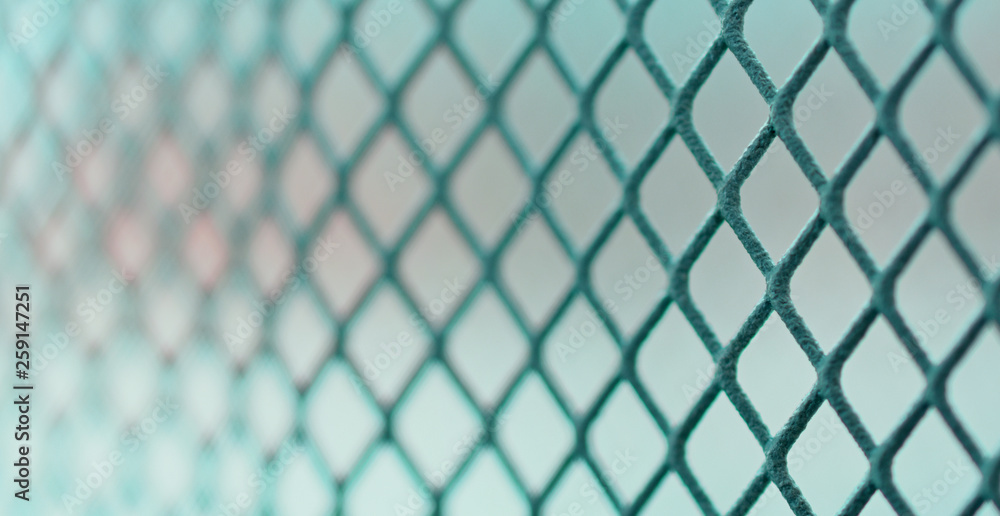 Fototapeta premium metal grid with square cells in perspective on a light background, blurred image