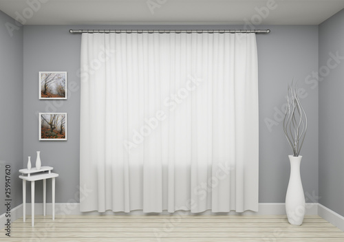 Grey interior  living room with window and curtain decoration on wall - template for your design. photo