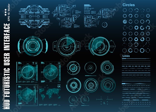 HUD futuristic blue user interface, target. Dashboard display virtual reality technology screen