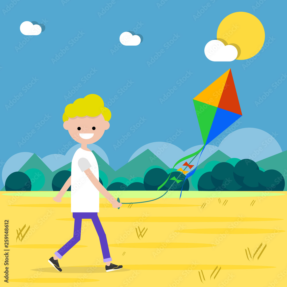 Fototapeta premium Happy young character walks outdoors with a kite. Flat cartoon design.Clip art