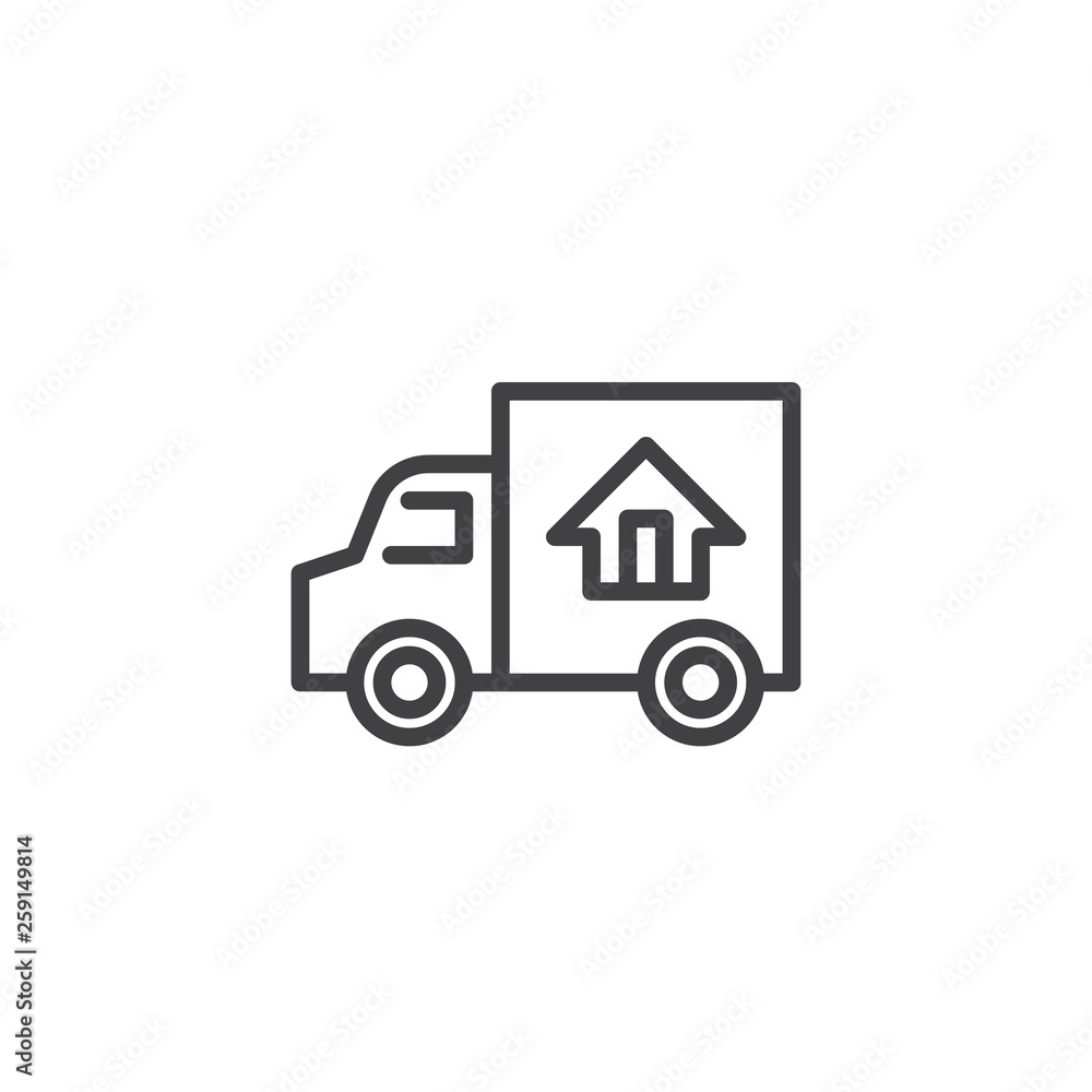 Door to door delivery line icon. Truck transporting a house linear style sign for mobile concept and web design. Fast shipping delivery truck outline vector icon. Symbol, logo illustration.
