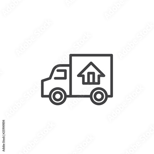 Door to door delivery line icon. Truck transporting a house linear style sign for mobile concept and web design. Fast shipping delivery truck outline vector icon. Symbol, logo illustration.