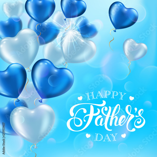 Fathers day greeting card with heart-shaped balloons and handwritten message on blue sky background