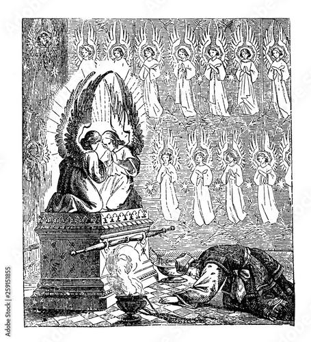 Vintage Drawing of Biblical Story of Israelites Creating the Tabernacle or Tent of the Congregation, Moses is Praying to Ark of Covenant