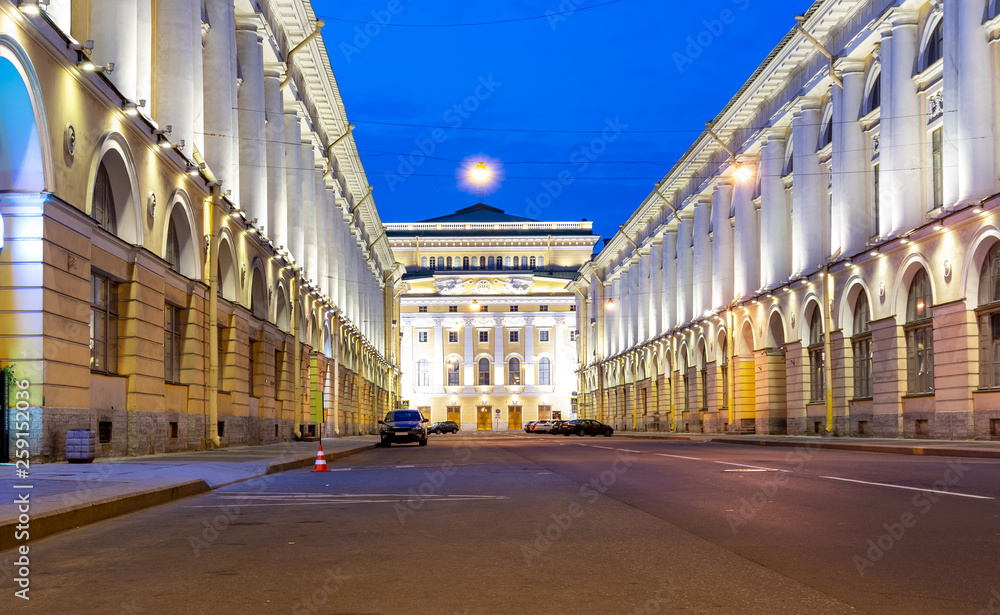 Rossi street and Alexandrinsky theatre at night, St. Petersburg, Russia