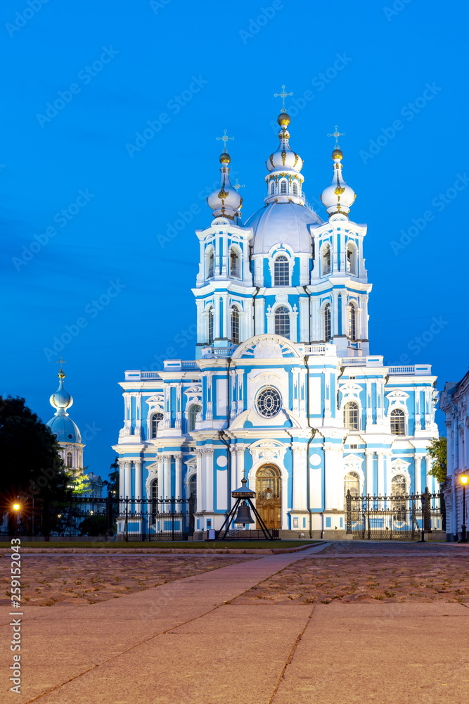 Smolny monastery at night, St. Petersburg, Russia
