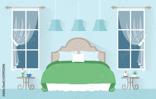Bedroom with furniture. Vector illustration. Banner with a simple interior.
