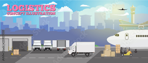 Modern creative delivery and shipping logistics service in business and freight cargo concept illustration. Flat color Vector.